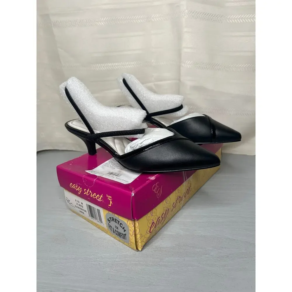 NIB Easy Street Unna Womens 8.5 M Black Multi Strap Pointed Toe Kitten Heels